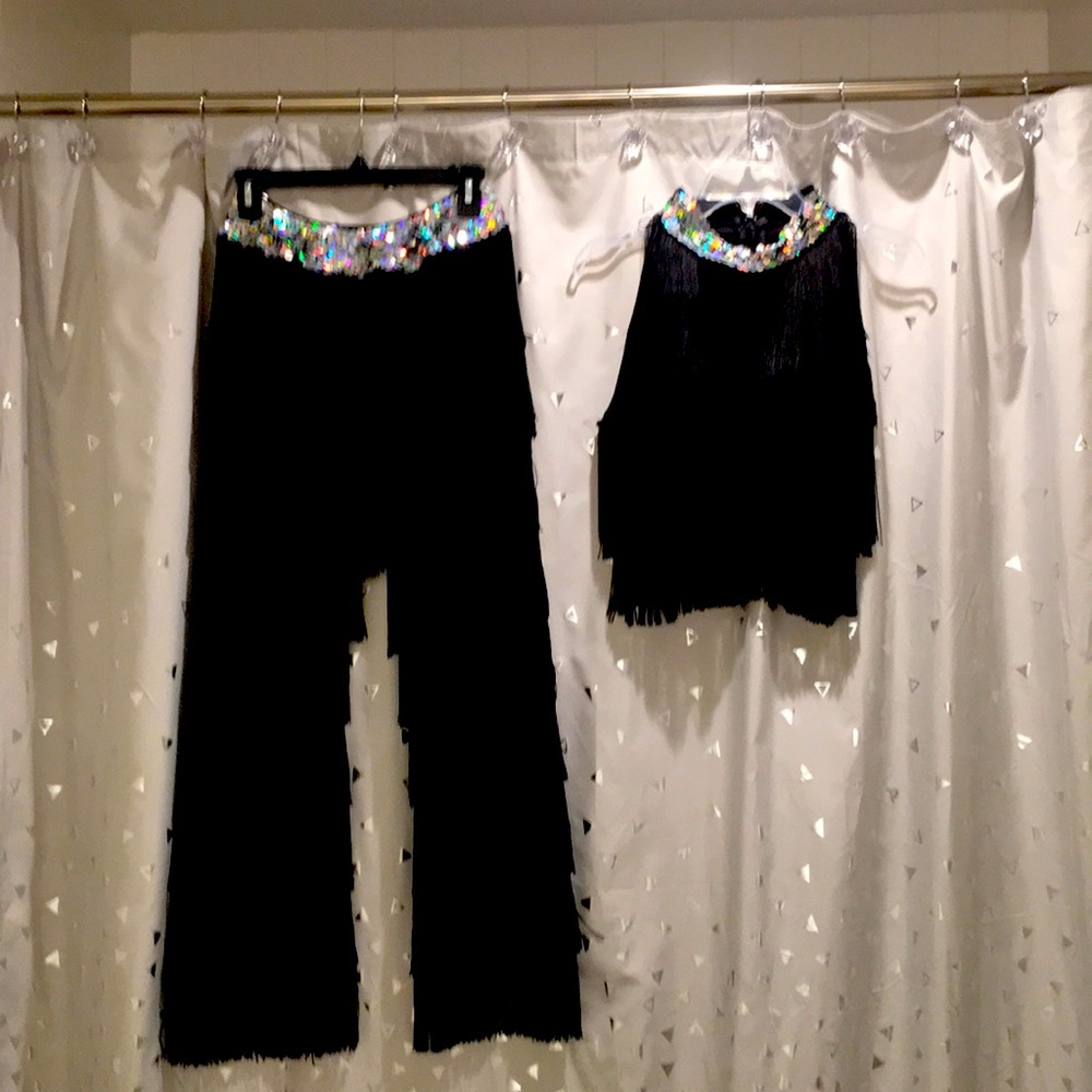 Black Fringe Wide-Leg Pants with Iridescent Sequin Waist
